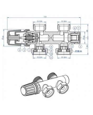 Thermostatisch onderblok 3/4", recht, geborsteld staal